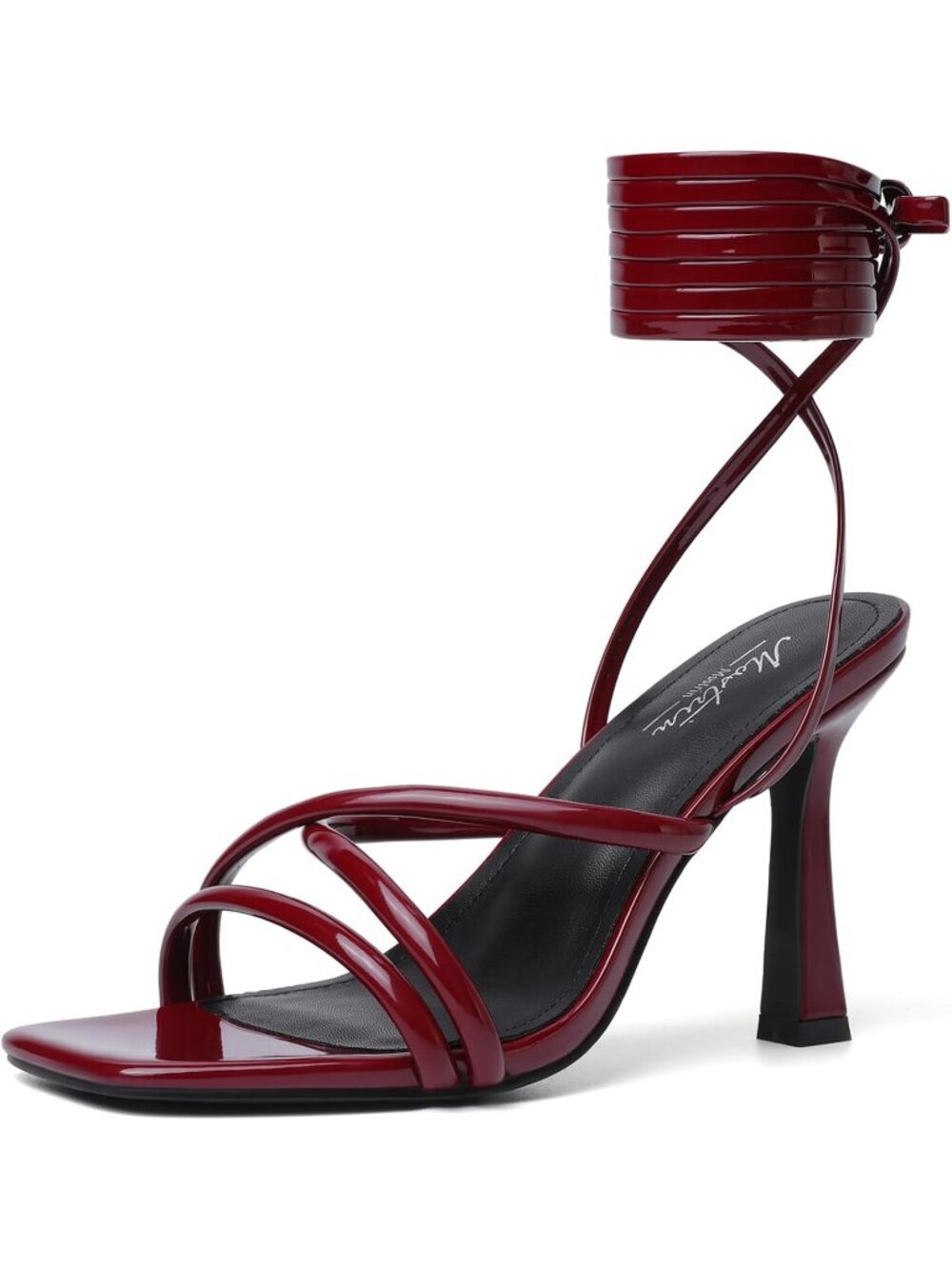 Women's Burgundy Strappy Heels Lace Up Square Open Toe Heels Tie Up High Heels